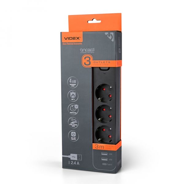 Мережний фiльтр живлення VIDEX з з/к  3м 3 розетки + 2 USB+ USB -C 2.4 A×1.5mm²  чорний (27694)