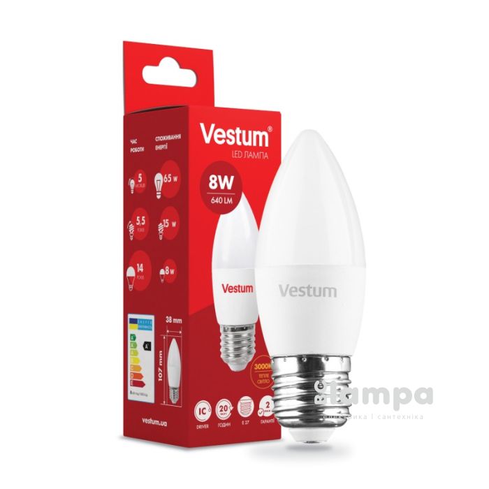 Лампа VESTUM LED  C37  8W Е27 3000K 220V (1-VS-1310)