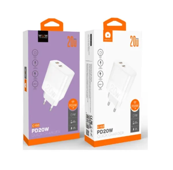 Зарядний пристрій WUW-C193 Type-C+Type-C PD20W+ D20W charger White (6972573336616)