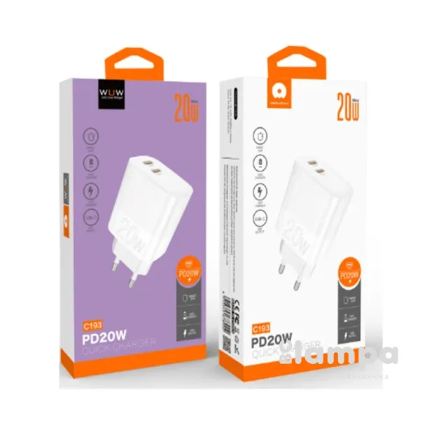 Зарядний пристрій WUW-C193 Type-C+Type-C PD20W+ D20W charger White (6972573336616)