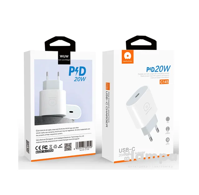 Зарядний пристрій WUW-C145 Type-C PD 20W charger White (6972573332250)