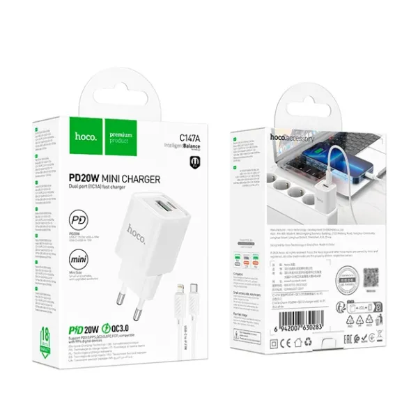 Зарядний пристрій HOCO C147A 3A 220V-1хPD+1*USB мама QC3.0 20W білий