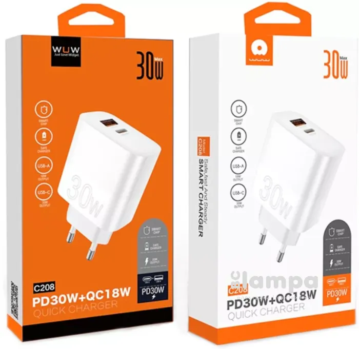 Зарядний пристрій WUW-C208 PD 30W USB-C+ USB QC3.0 18W White (6972573333417)