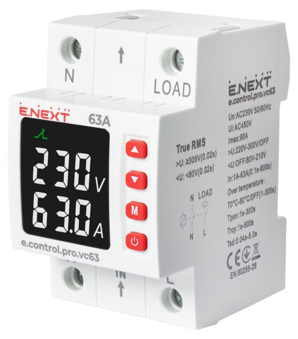 Реле напруги e.NEXT з контролем струму  однофазне 63А  e.control.pro.vс63  p0690102