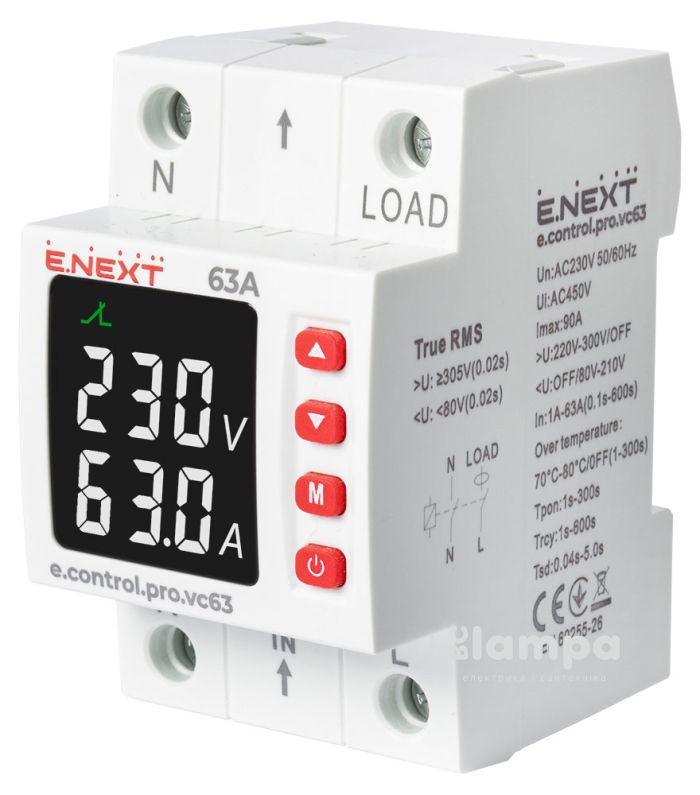 Реле напруги e.NEXT з контролем струму  однофазне 63А  e.control.pro.vс63  p0690102