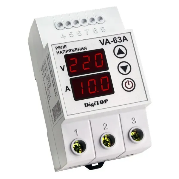 Реле напруги DIGITOP модульне Din VА-63A з контролем струму 12.0kW 50-400V