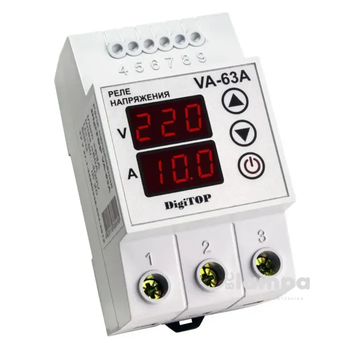 Реле напруги DIGITOP модульне Din VА-63A з контролем струму 12.0kW 50-400V