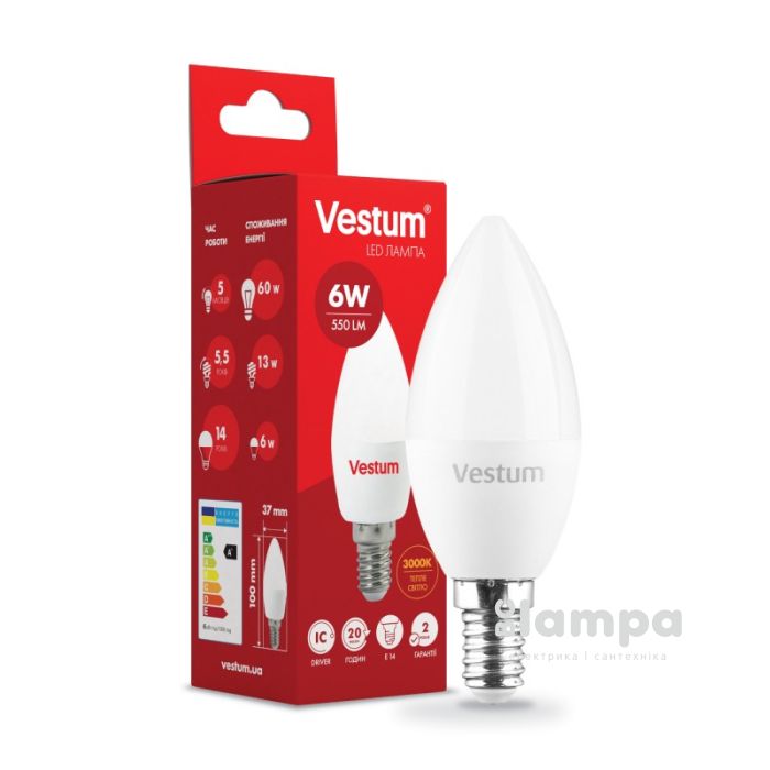 Лампа VESTUM LED  C37  6W Е14 3000K 220V (1-VS-1304)